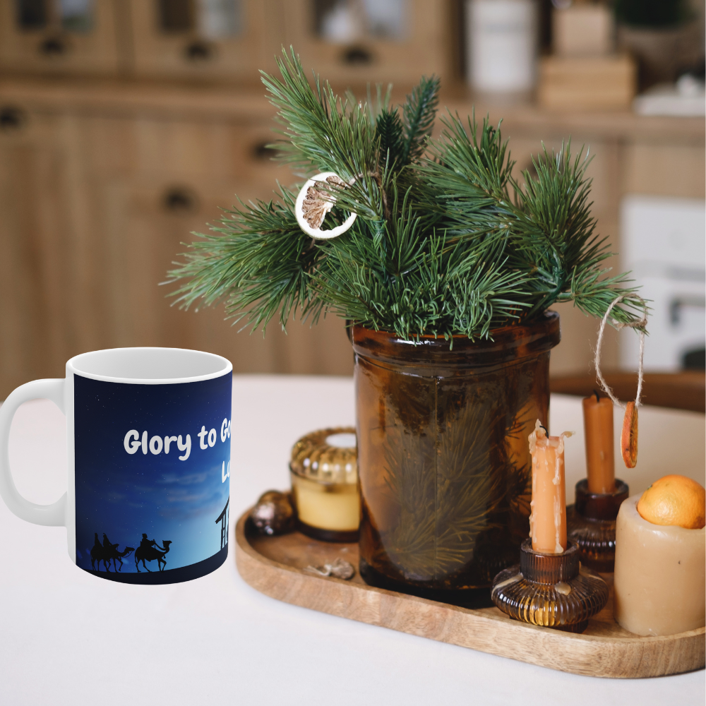 Nativity Scene Christmas Mug – “Glory to God” Luke 2:14 – 11oz White Ceramic - Journey with Jazzy