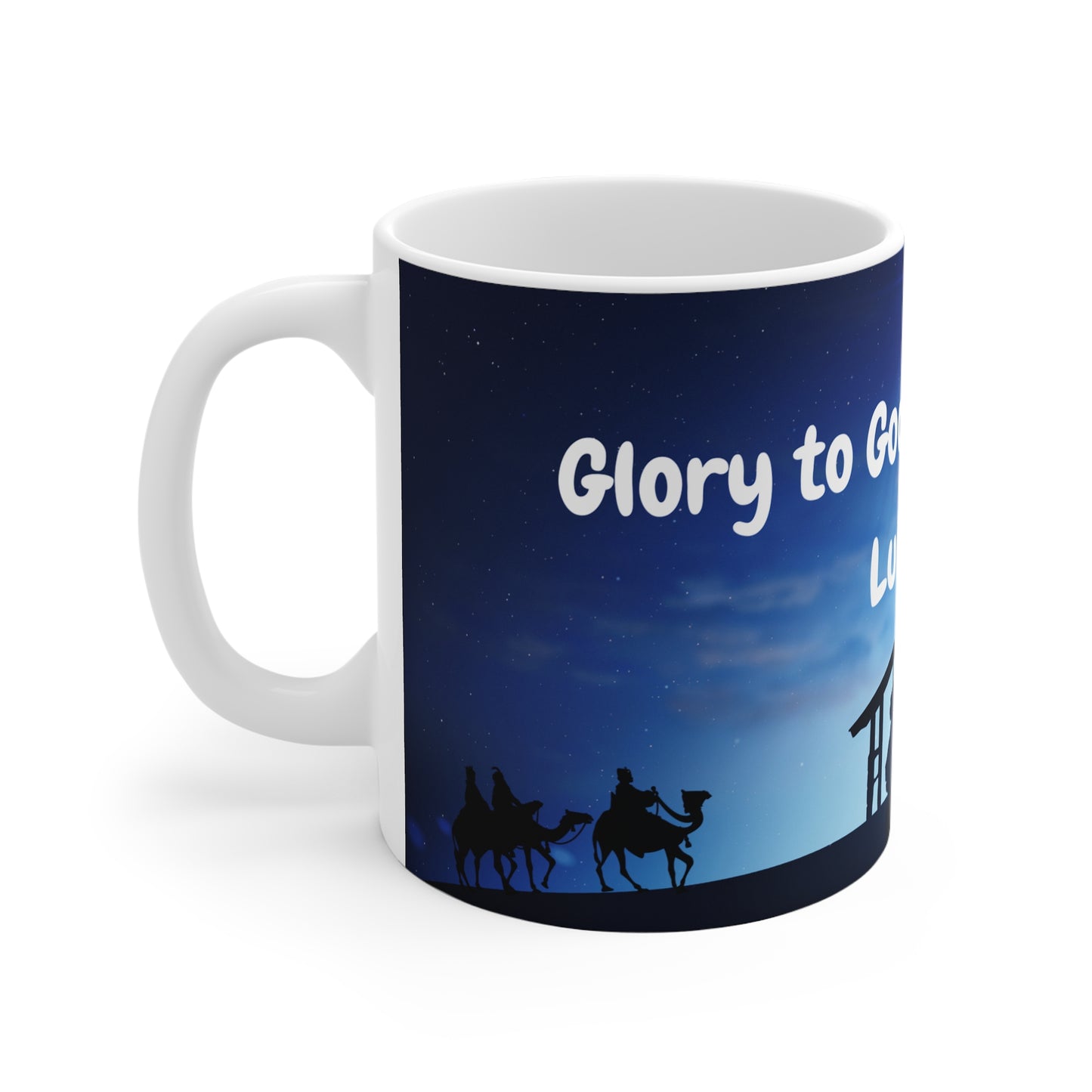 Nativity Scene Christmas Mug – “Glory to God” Luke 2:14 – 11oz White Ceramic - Journey with Jazzy