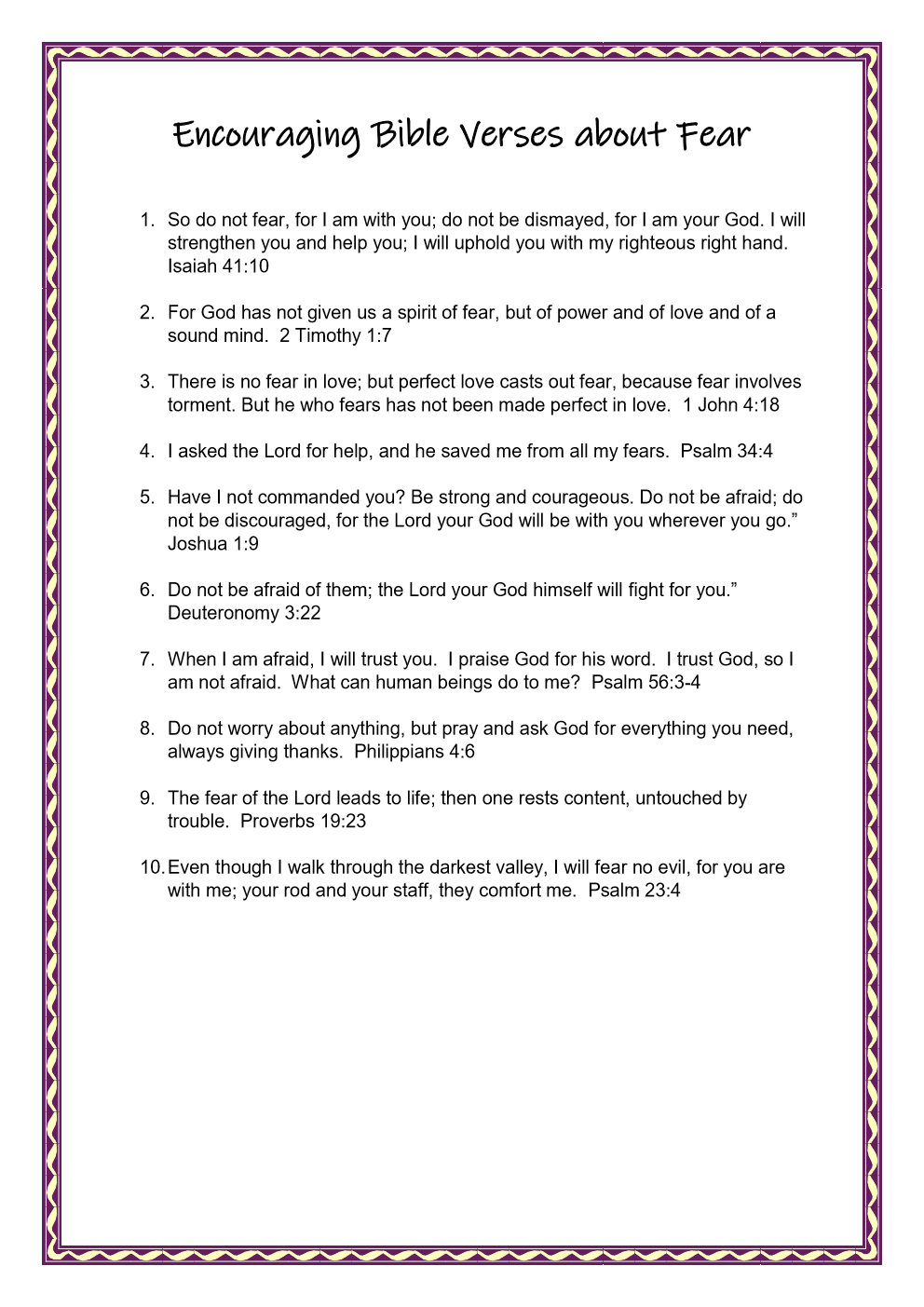 A4 Bible Verses Print - 10 Reassuring Scriptures About Fear - Journey with Jazzy
