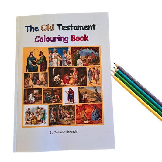 The image shows 'The Old Testament Colouring Book' with illustrations representing various Bible stories. The book is accompanied by multiple colored pencils.