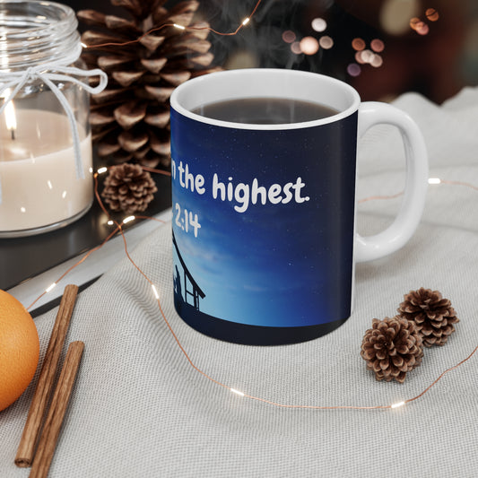 Nativity Scene Christmas Mug – “Glory to God” Luke 2:14 – 11oz White Ceramic - Journey with Jazzy